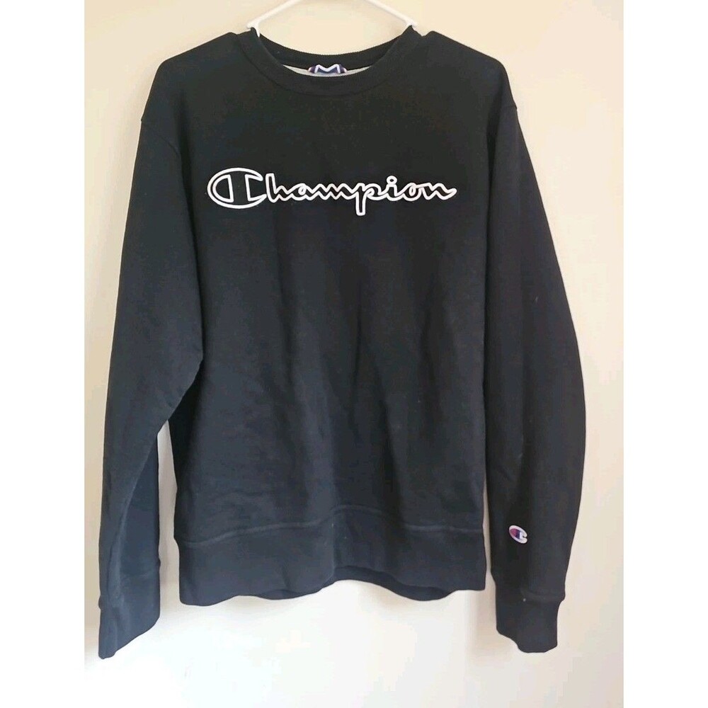 Mens Vintage Champion Sweatshirt Black Spellout Chest C Logo Sweater Size M